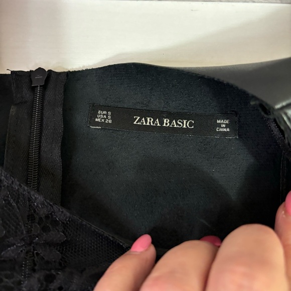 Zara Faux Leather Mini Dress with Lace Sleeves and Ruffled Bodice - Picture 7 of 8